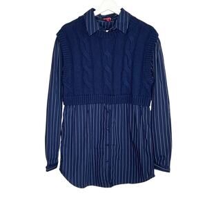 Staud Cooper Striped Long Sleeve Cable Knit Sweater Shirt Blue Women's Size L